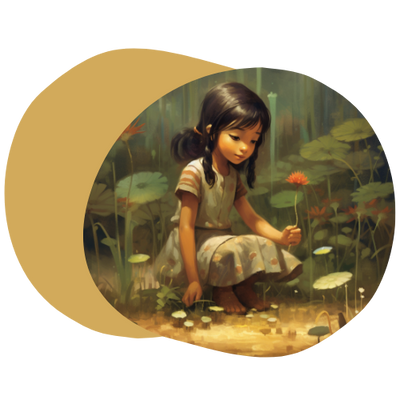 petite fille qui cueille une plante parapluie laineux