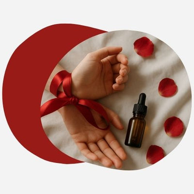 Two hands gently tied with red silk ribbon on white sheets, small amber CBD oil bottle nearby, rose petals scattered, soft shadows, elegant and subtle sensual mood, professional product photography style, muted colors, natural lighting