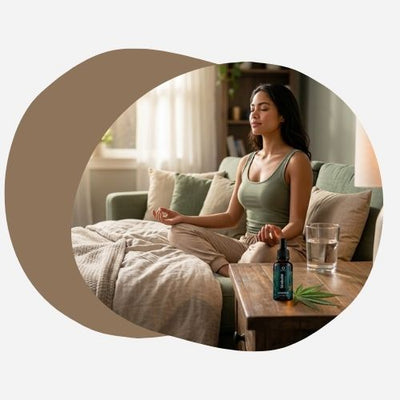 Femme apaisée pratiquant une technique naturelle de relaxation anti-stress à côté de son huile de CBD.