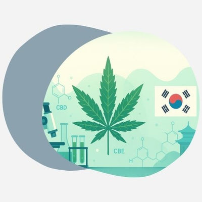 feuille de cannabis entourée d'un drapeau corréen et éléments de laboratoire 