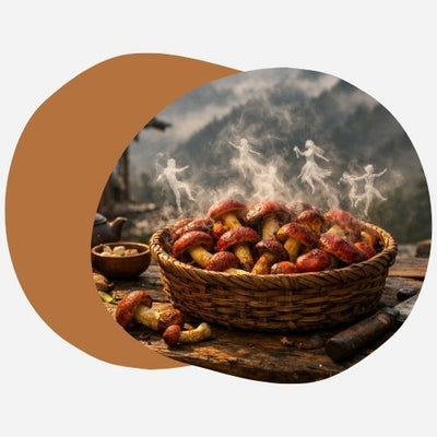 Chaudron de champignons dansant en brume