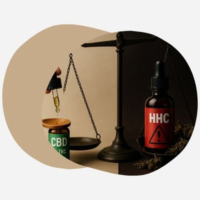 Balance entre deux flacons : à gauche, CBD certifié 0% THC avec lumière douce ; à droite, flacon HHC rouge avec pictogramme de danger, seringue et fond sombre.