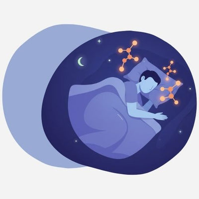 A person sleeping peacefully in nighttime setting with subtle melatonin molecules floating around.