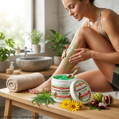application d'un gel musculaire apaisant à base de plantes. Une femme en bonne forme physique et détendue masse délicatement son mollet avec un gel vert et rafraîchissant après une longue journée