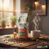 sachet de cafe au cbd a coté d'une tasse et d'une fiole de cbd