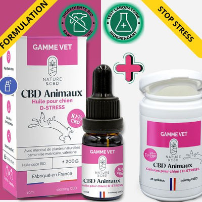 Huile + gélules CBD Chien Anti stress 10% naturel