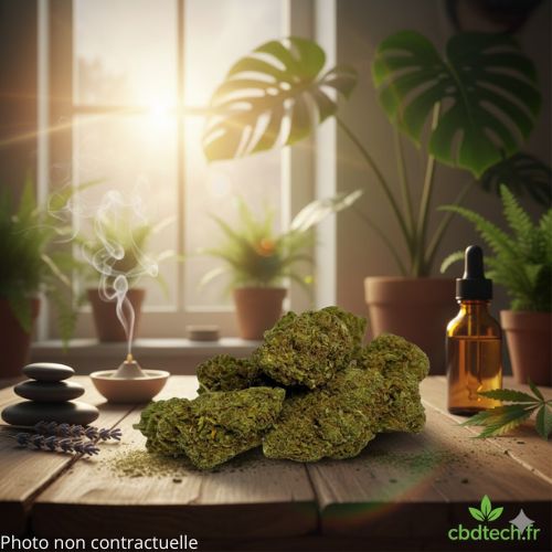 Fleurs CBD Amnesia | Greenhouse sur une table avec plante autour esprit bien etre
