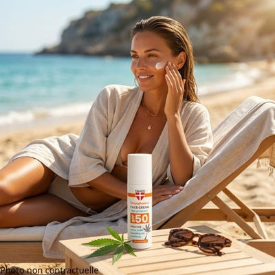 crème solaire visage haut de gamme au CBD et indice SPF50. Une femme rayonnante au teint hâlé et à la peau parfaite applique délicatement une crème blanche, onctueuse et invisible sur sa joue, 