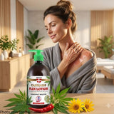 Photographie commerciale de type « lifestyle » illustrant l'application d'une lotion musculaire chauffante à base de plantes. Une personne détendue masse délicatement la base du cou et les épaules avec un gel transparent aux reflets chauds et légèrement rosés, soulageant ainsi les raideurs musculaires. Au premier plan, un grand et élégant flacon-pompe de 500 m
